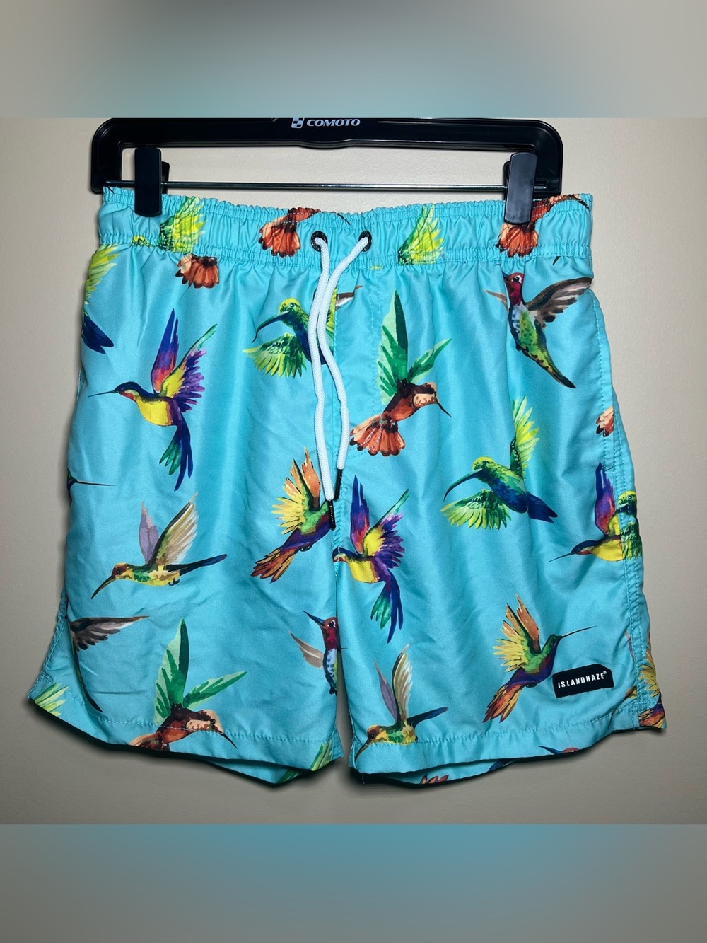 Island Haze Swim Trunks Mens Medium Blue Hummingbird Tropical Shorts